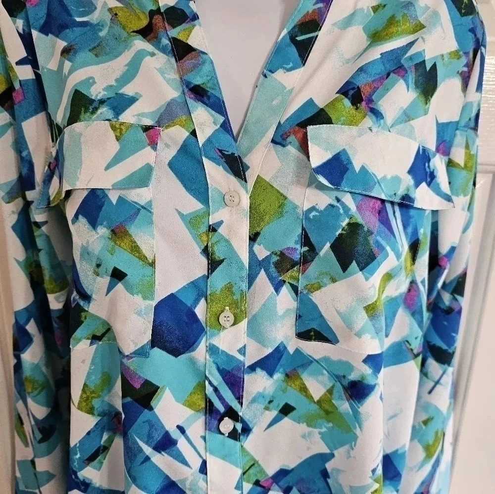 Calvin Klein Medium Abstract Blue White Green Button Down Blouse Office Top - Picture 6 of 7